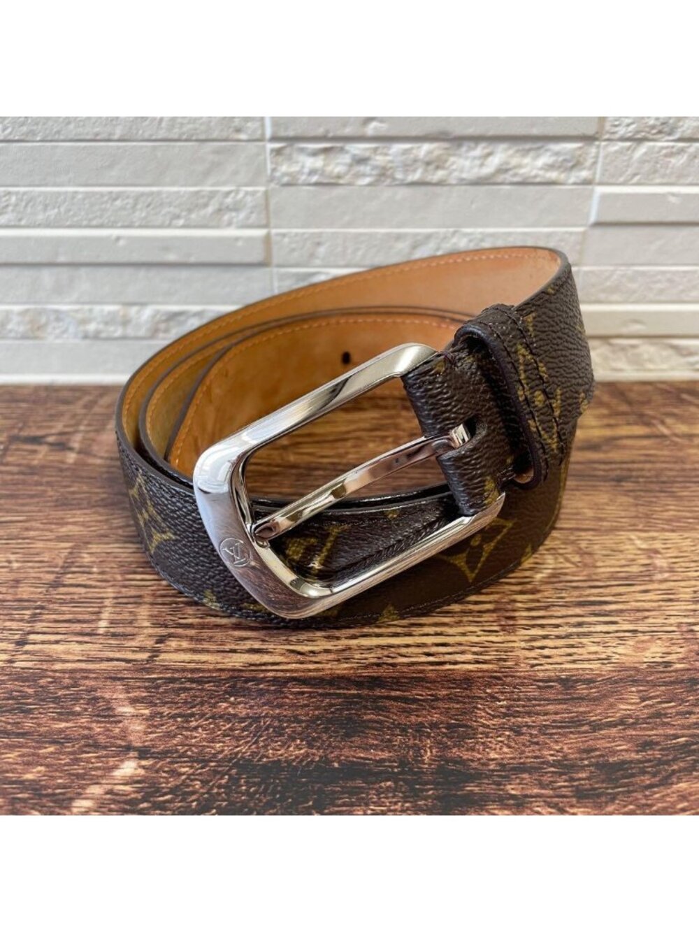 Louis Vuitton Monogram Leather Ceinture Belt Silver Brown